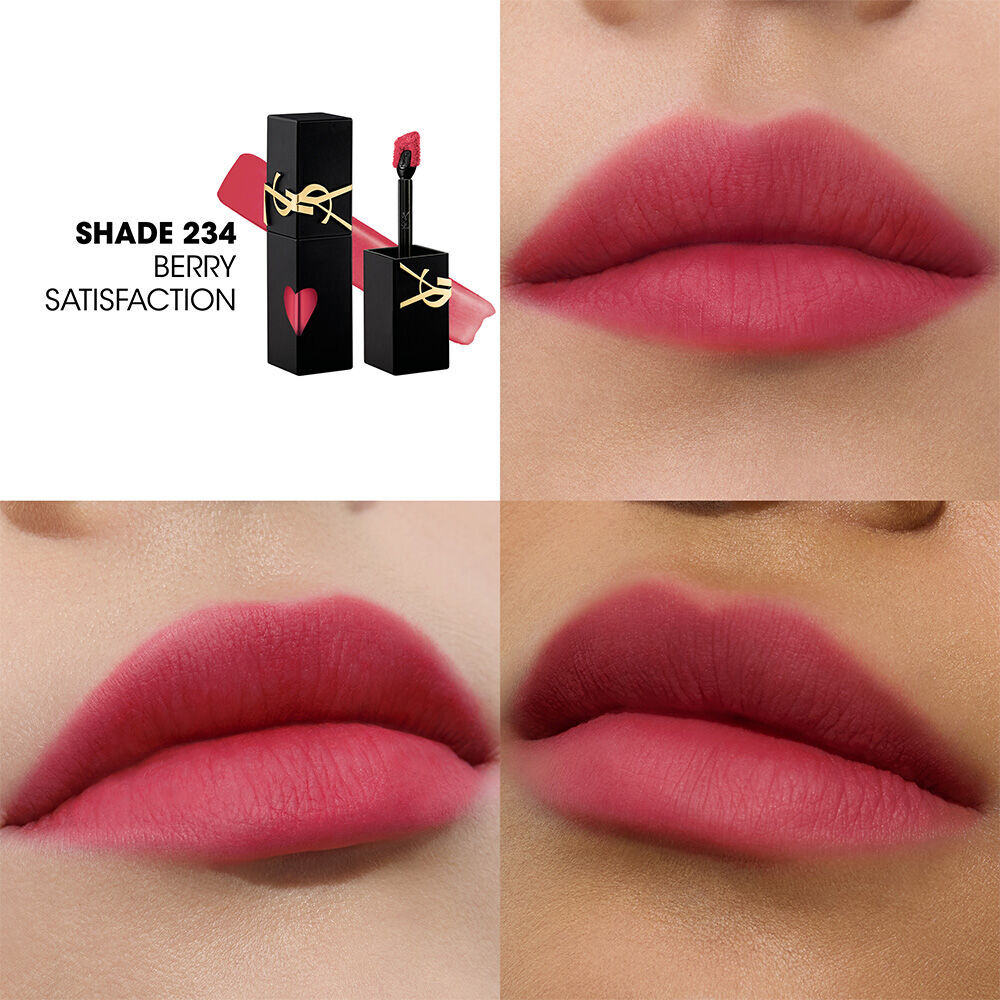 Collage showing the YSL lip stain bottle and texture swatch (top-left) alongside three close-up lip swatches on different skin tones, including one being applied with the wand.
