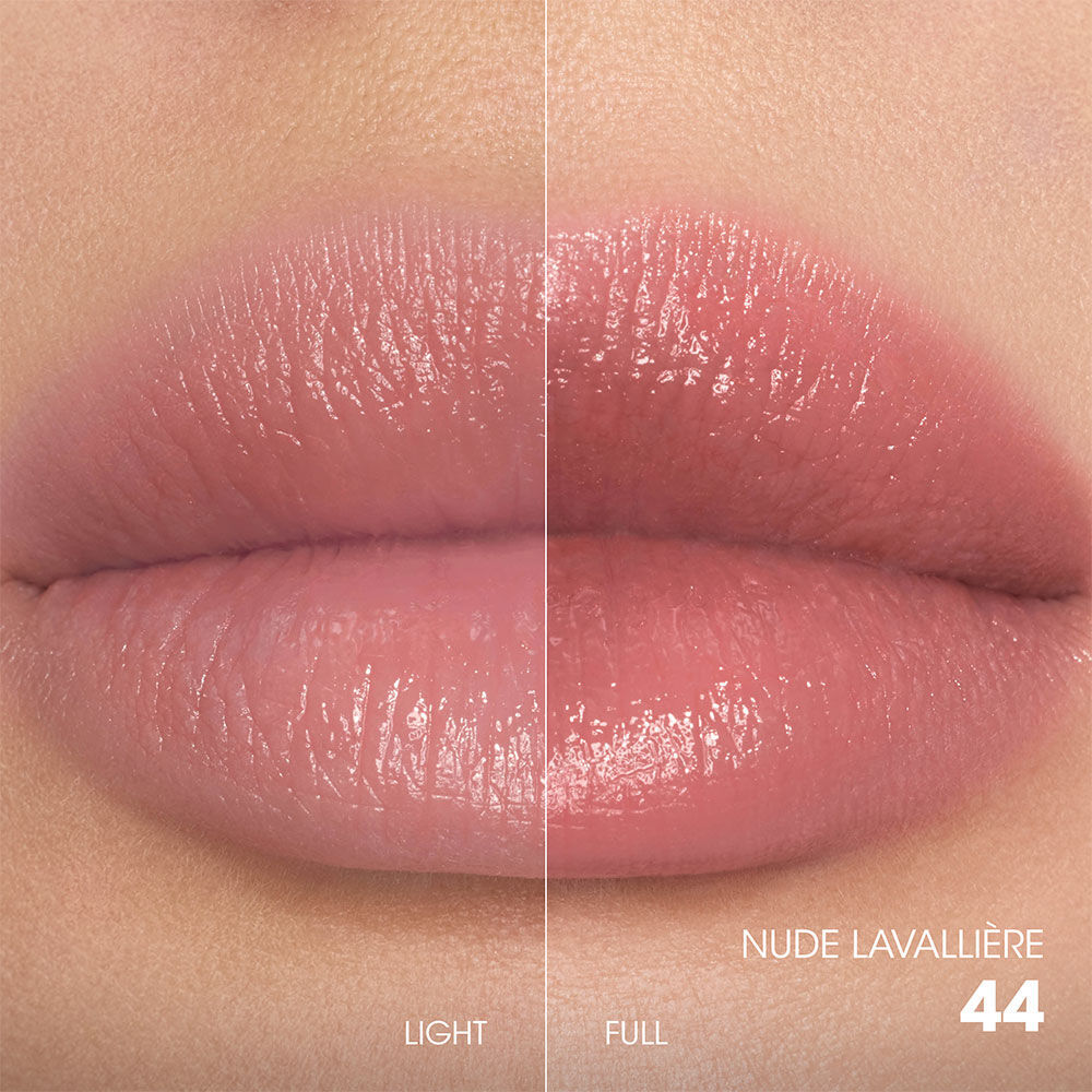 Split-screen lip swatch comparison showing a soft, diffused "Light" application on the left and a bold, saturated "Full" application on the right.