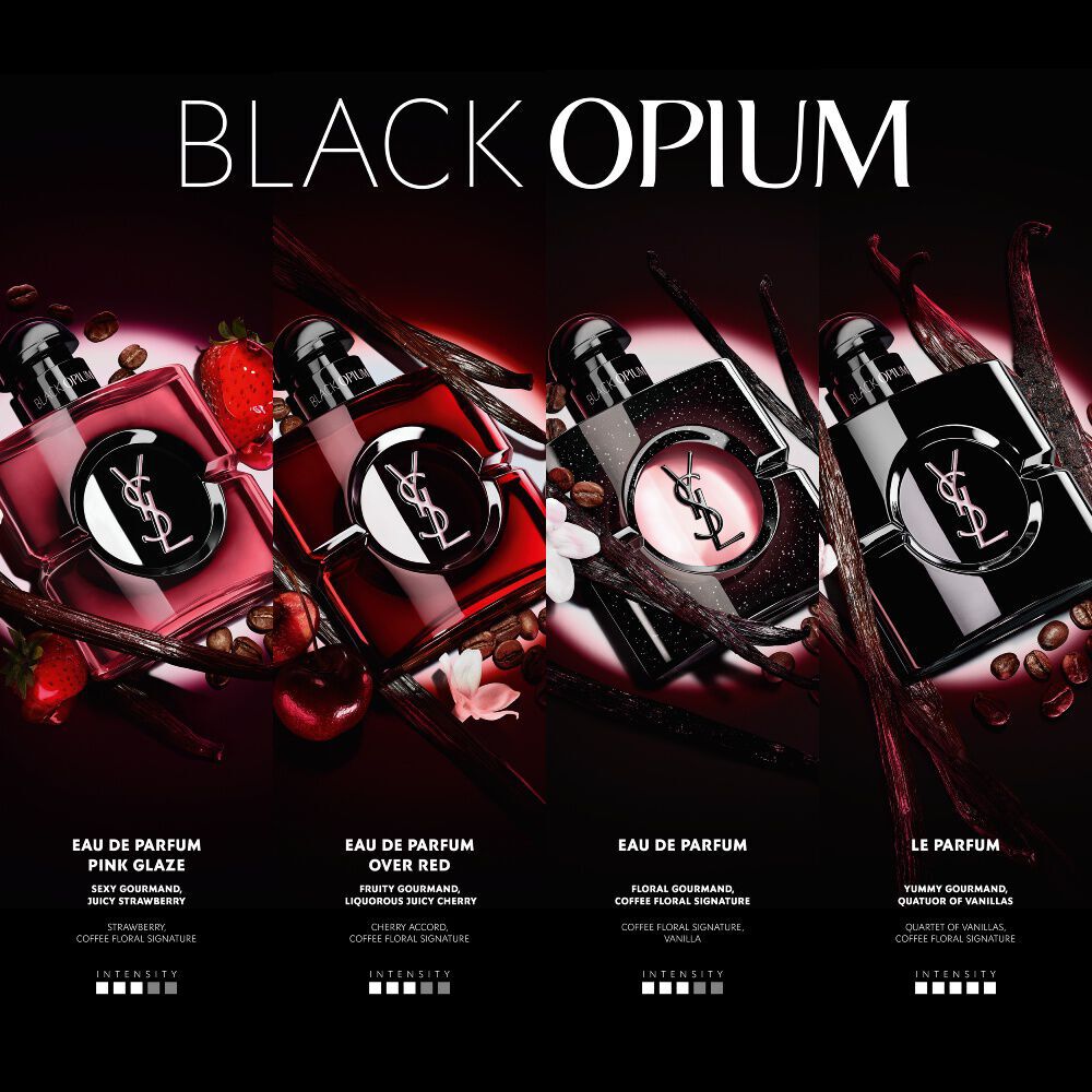 YSL Black Opium comparison showcasing notes and intensity of four fragrances: Pink Glaze (strawberry), Over Red (cherry), Eau de Parfum (classic coffee-floral), and Le Parfum (vanilla quartet).
