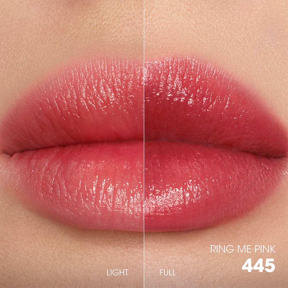 Split-screen lip swatch comparison showing a soft, diffused "Light" application on the left and a bold, saturated "Full" application on the right.
