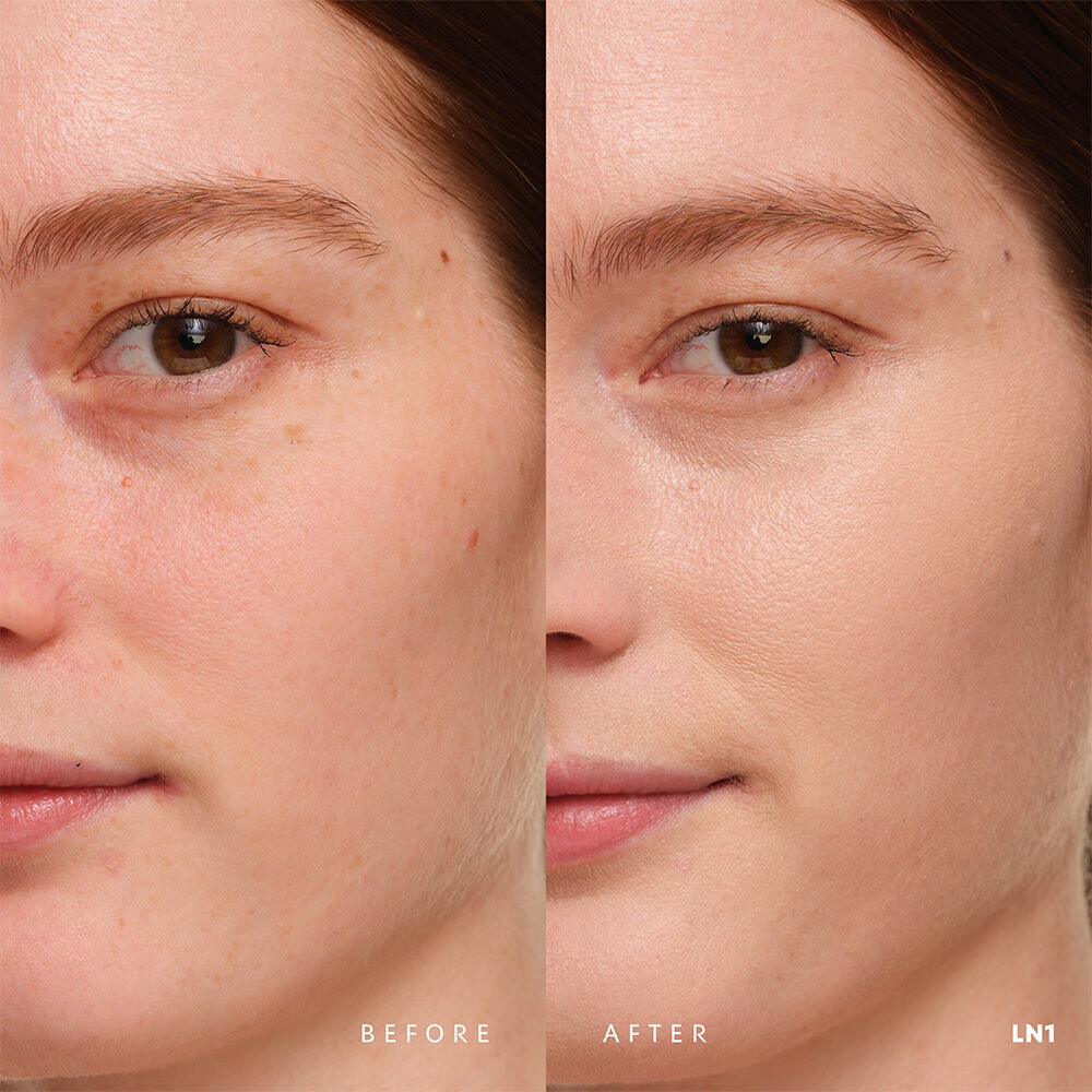 Before and after YSL SKIN AFFAIR SOFT GLOW CUSHION FOUNDATION LN1. Unified complexion with seamless radiant soft glow finish.