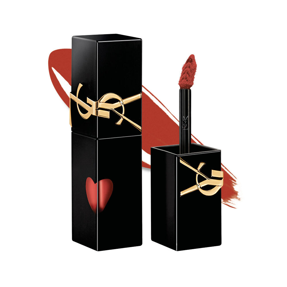 YSL The Inks Vinyl Cream in shade 810, featuring a black tube with a gold YSL logo and a heart-shaped cutout revealing the orange shade.