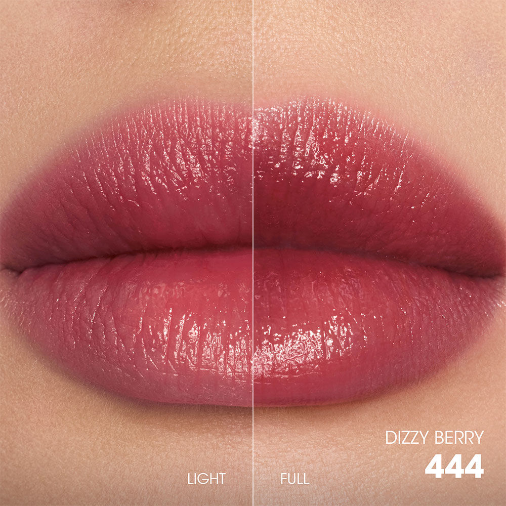 Split-screen lip swatch comparison showing a soft, diffused "Light" application on the left and a bold, saturated "Full" application on the right.
