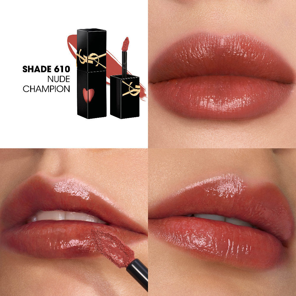 Collage showing the YSL lip stain bottle and texture swatch (top-left) alongside three close-up lip swatches on different skin tones, including one being applied with the wand.