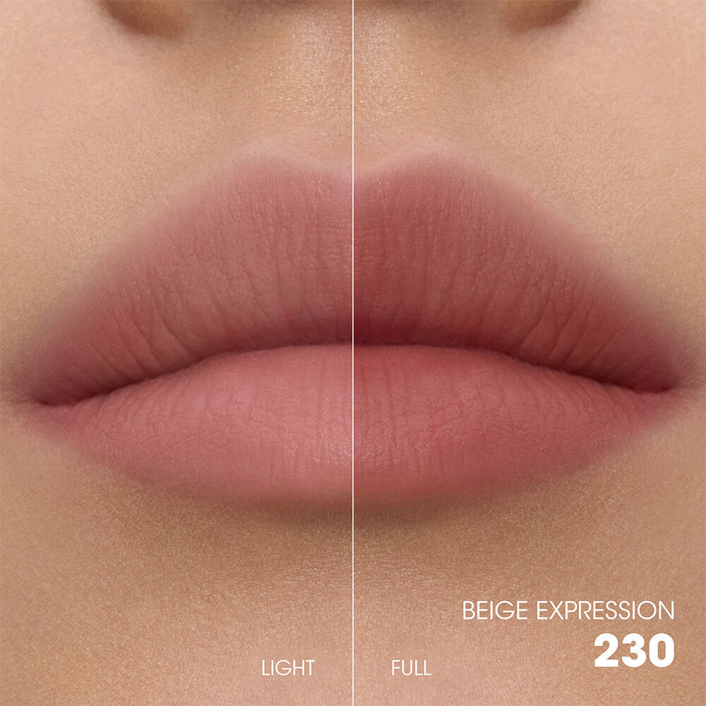 Split-screen lip swatch comparison showing a soft, diffused "Light" application on the left and a bold, saturated "Full" application on the right.