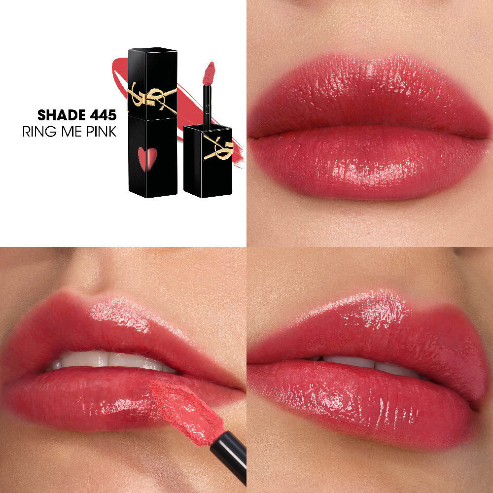 Collage showing the YSL lip stain bottle and texture swatch (top-left) alongside three close-up lip swatches on different skin tones, including one being applied with the wand.