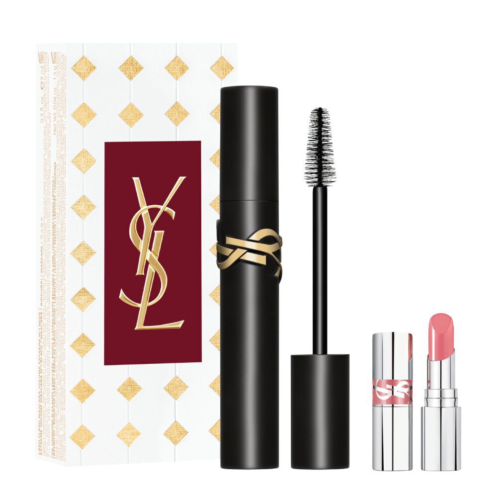 YSL Lash Clash mascara gift set with black mascara, mini pink lipstick, and Holiday box.