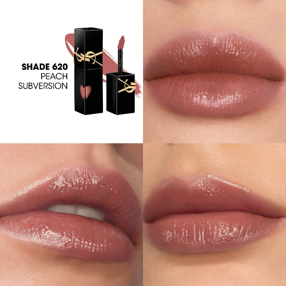 Collage showing the YSL lip stain bottle and texture swatch (top-left) alongside three close-up lip swatches on different skin tones, including one being applied with the wand.