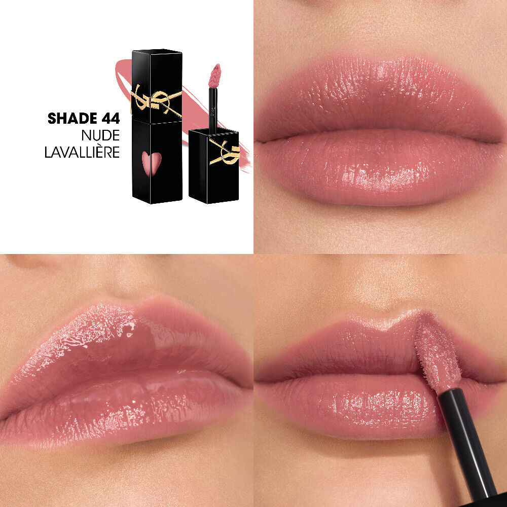 Collage showing the YSL lip stain bottle and texture swatch (top-left) alongside three close-up lip swatches on different skin tones, including one being applied with the wand.