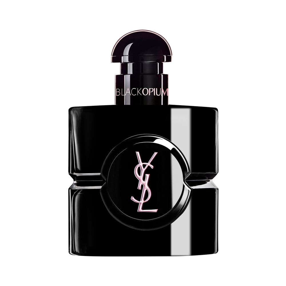 Black Opium Le Parfum bottle in glossy black lacquer with a black center and YSL logo.