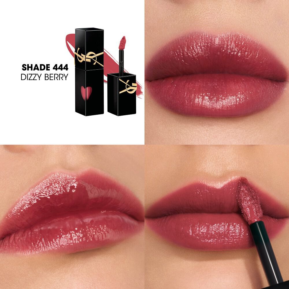 Collage showing the YSL lip stain bottle and texture swatch (top-left) alongside three close-up lip swatches on different skin tones, including one being applied with the wand.