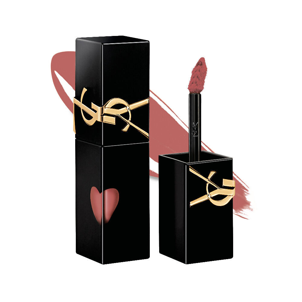Glossy black YSL lip stain bottle next to its open cap and applicator brush, displayed in front of a shiny liquid texture swatch.