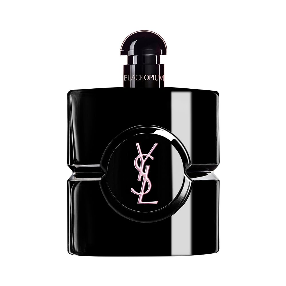 Black Opium Le Parfum bottle in glossy black lacquer with a black center and YSL logo.