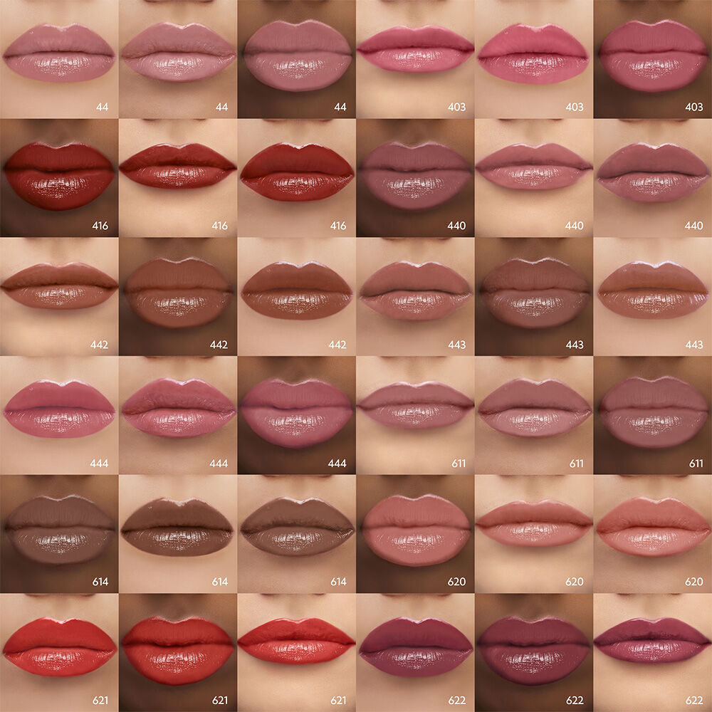 Split-screen lip swatch comparison showing a soft, diffused "Light" application on the left and a bold, saturated "Full" application on the right.