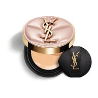 YSL SKIN AFFAIR SOFT GLOW CUSHION FOUNDATION. Pink quilted couture case with gold logo and black makeup puff.