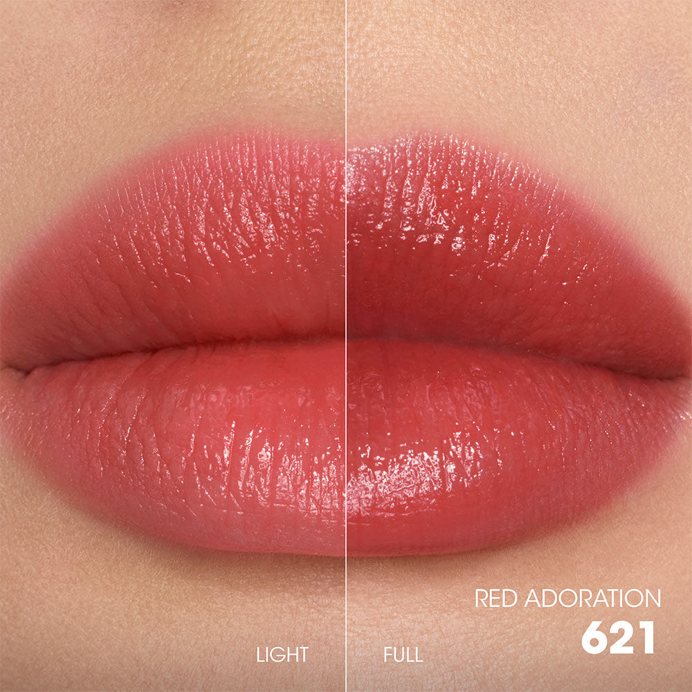 Split-screen lip swatch comparison showing a soft, diffused "Light" application on the left and a bold, saturated "Full" application on the right.