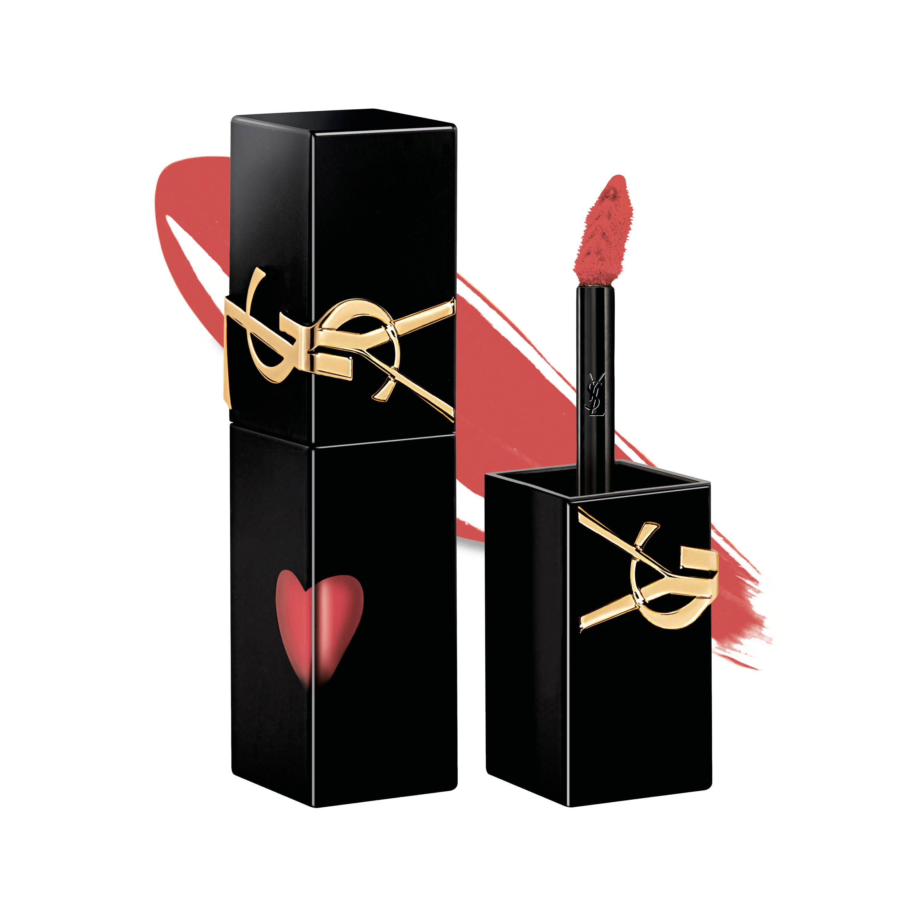 Glossy black YSL lip stain bottle next to its open cap and applicator brush, displayed in front of a shiny liquid texture swatch.