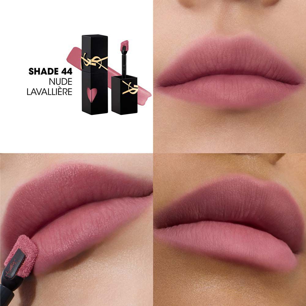 Collage showing the YSL lip stain bottle and texture swatch (top-left) alongside three close-up lip swatches on different skin tones, including one being applied with the wand.