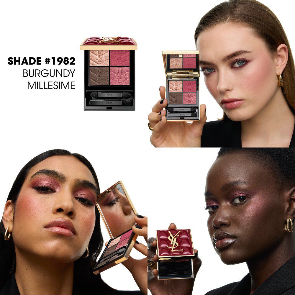Three models demonstrating YSL Couture Mini Clutch collector palette shade #1982 Burgundy Millesime.