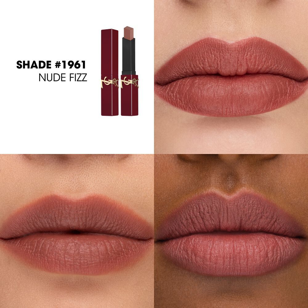 Close-ups of YSL The Slim Collector shade #1961 Nude Fizz applied on three different lip tones