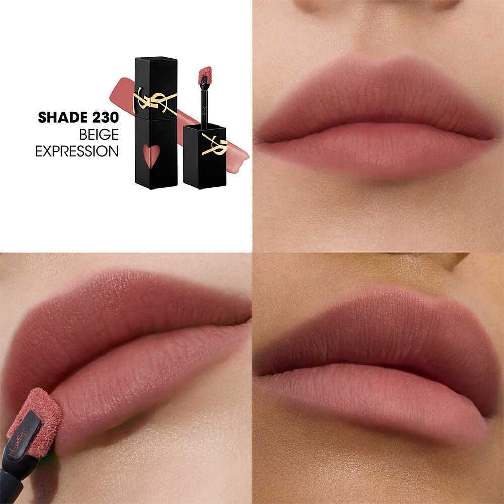 Collage showing the YSL lip stain bottle and texture swatch (top-left) alongside three close-up lip swatches on different skin tones, including one being applied with the wand.