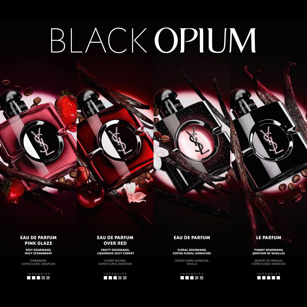YSL Black Opium comparison showcasing notes and intensity of four fragrances: Pink Glaze (strawberry), Over Red (cherry), Eau de Parfum (classic coffee-floral), and Le Parfum (vanilla quartet).