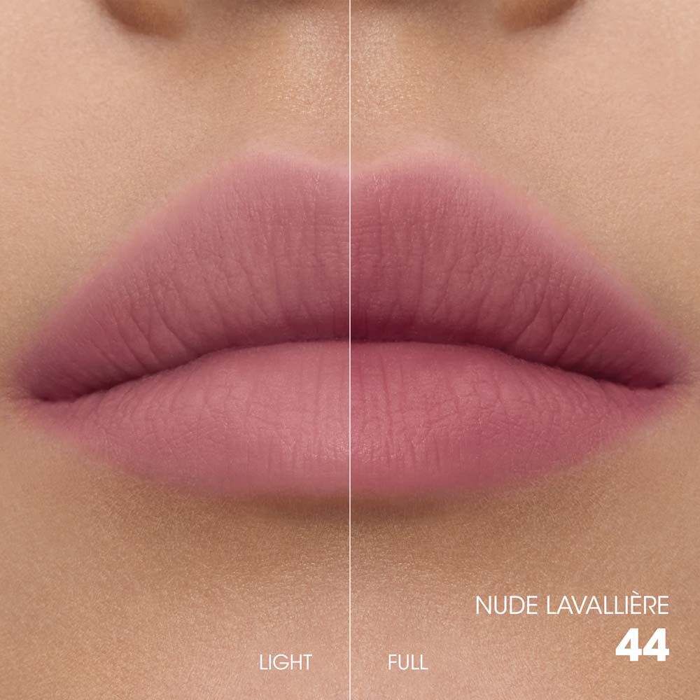 Split-screen lip swatch comparison showing a soft, diffused "Light" application on the left and a bold, saturated "Full" application on the right.
