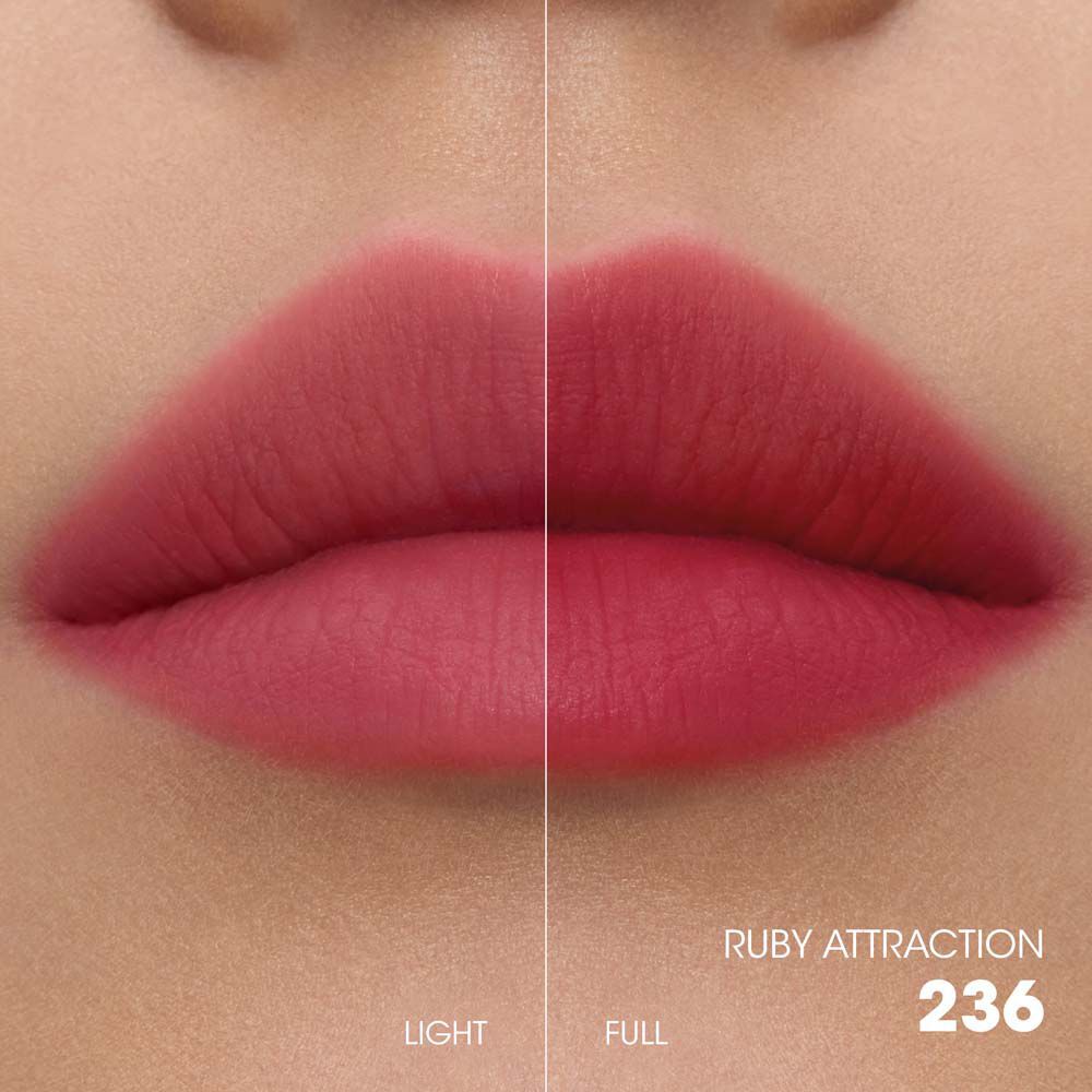 Split-screen lip swatch comparison showing a soft, diffused "Light" application on the left and a bold, saturated "Full" application on the right.