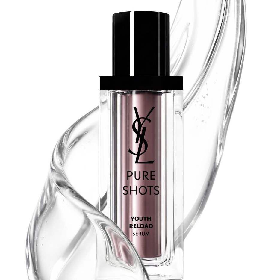 YSL Beauty Pure Shots Youth Reload Serum, 30ml, in a purple-tinted glass bottle with black pump, reflected on white.