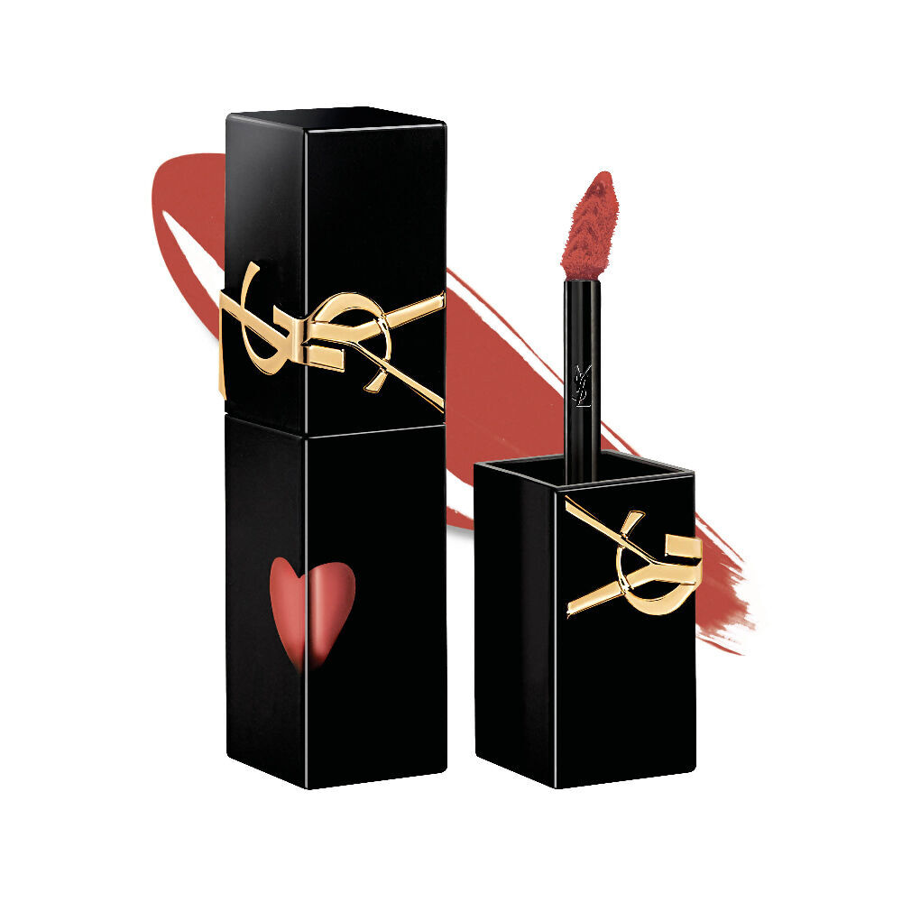 Glossy black YSL lip stain bottle next to its open cap and applicator brush, displayed in front of a shiny liquid texture swatch.