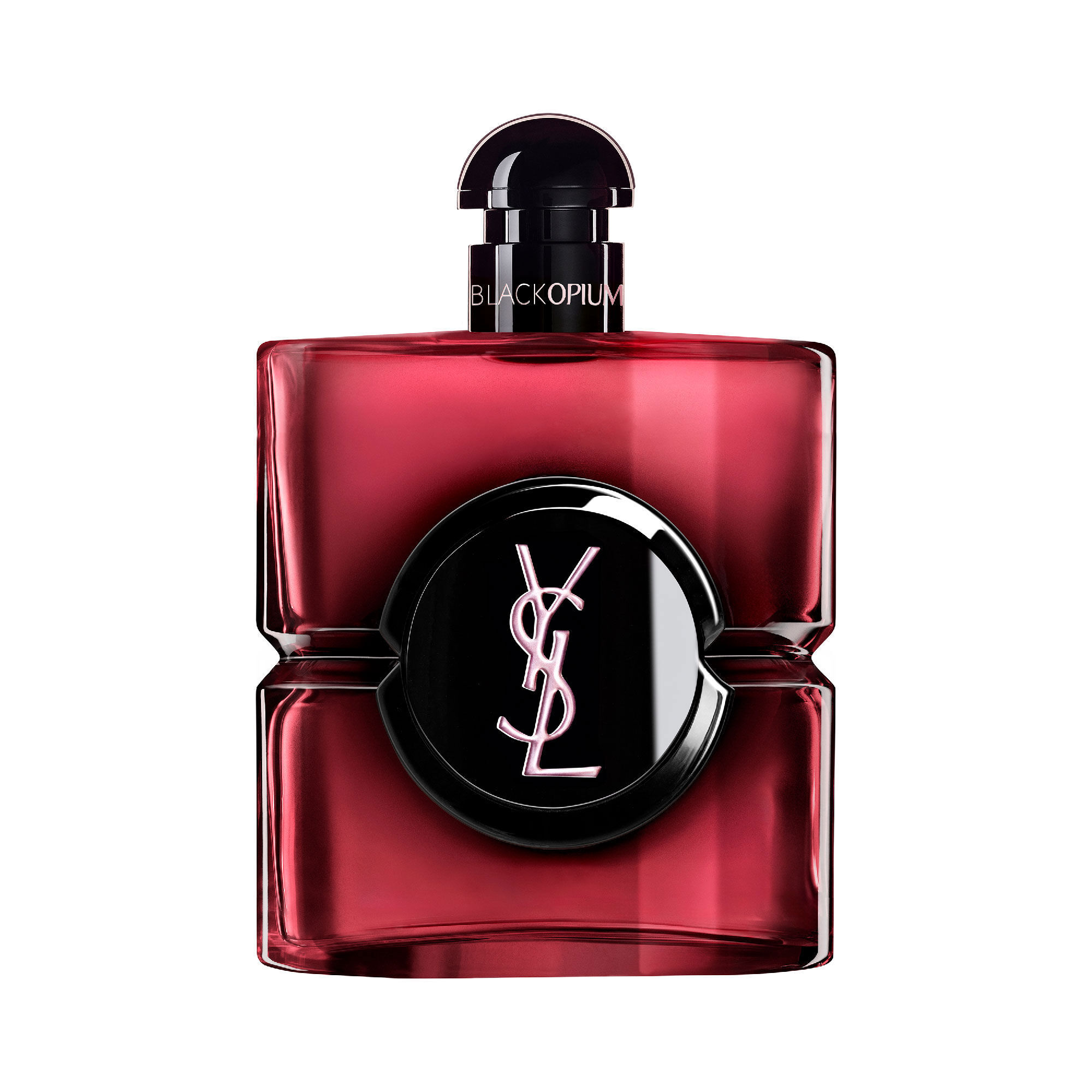 Black Opium Eau de Parfum Pink Glaze bottle in dark
                        pink lacquer with a black center and silver YSL Cassandre logo.