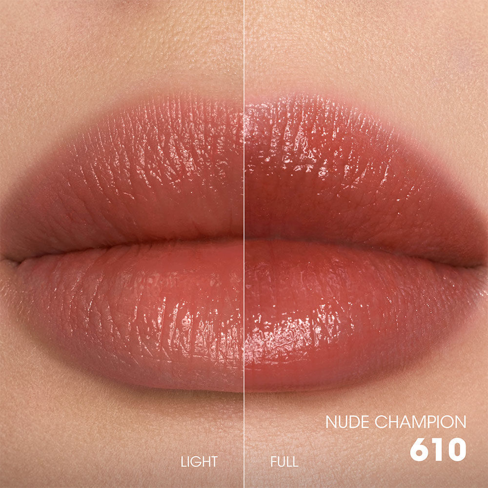 Split-screen lip swatch comparison showing a soft, diffused "Light" application on the left and a bold, saturated "Full" application on the right.
