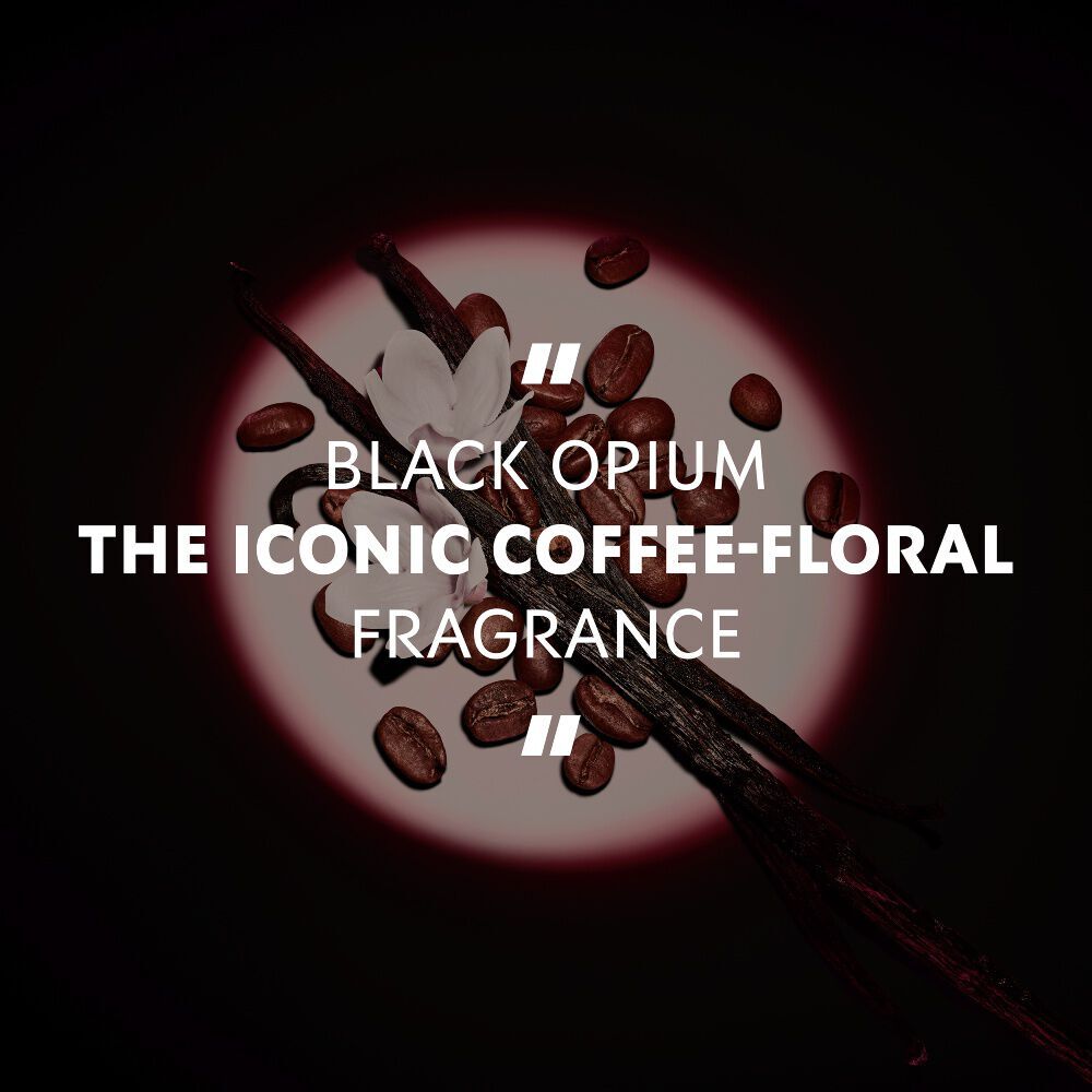 Vanilla pods, white flowers, and coffee beans under a spotlight with the quote: "BLACK OPIUM THE ICONIC COFFEE-FLAT FRAGRANCE."