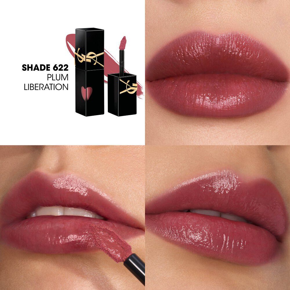 Collage showing the YSL lip stain bottle and texture swatch (top-left) alongside three close-up lip swatches on different skin tones, including one being applied with the wand.