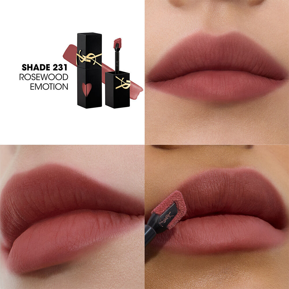 Collage showing the YSL lip stain bottle and texture swatch (top-left) alongside three close-up lip swatches on different skin tones, including one being applied with the wand.