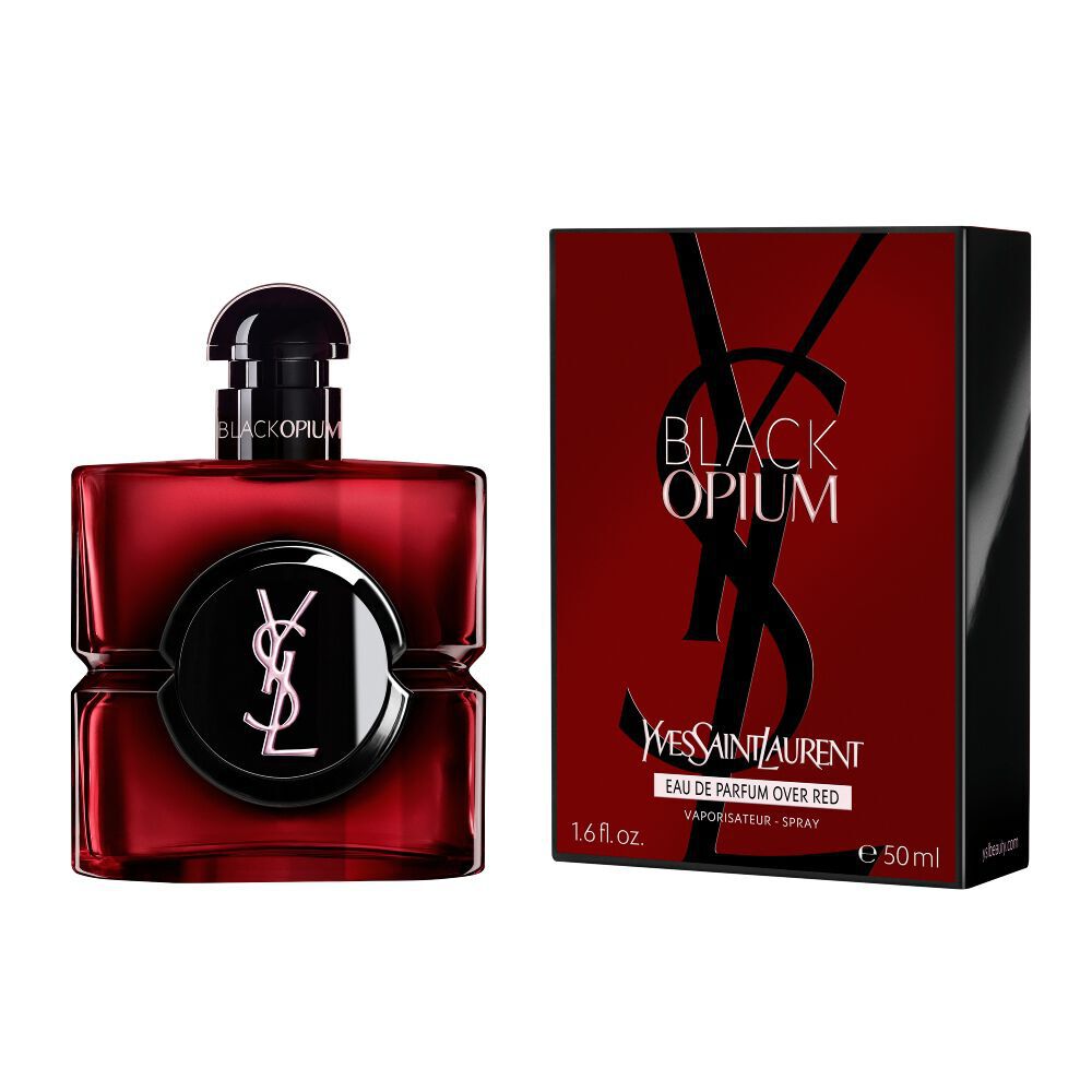 Black Opium Eau de Parfum Over Red bottle next to its matching red box with the YSL logo.