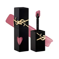 Matte black YSL lip stain bottle next to its unscrewed cap and applicator brush, displayed in front of a soft-matte liquid texture swatch.