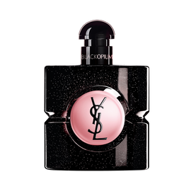 Black Opium Eau de Parfum in a black glitter bottle with a pink center, featuring the YSL logo.