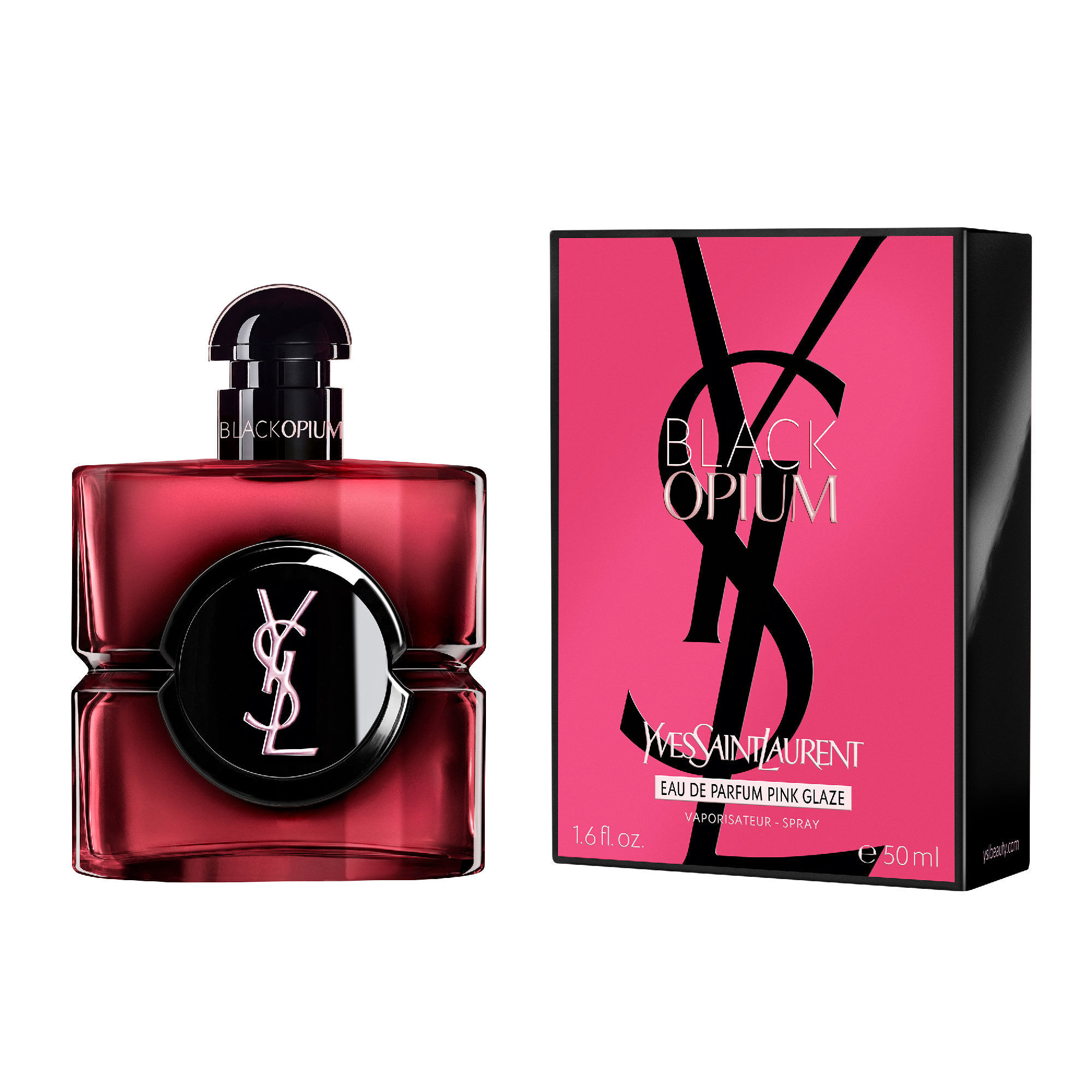Black Opium Eau de Parfum Pink Glaze bottle next to
                        its fuchsia and black box featuring the YSL Cassandre.