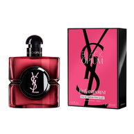 Black Opium Eau de Parfum Pink Glaze bottle next to
                        its fuchsia and black box featuring the YSL Cassandre.