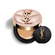 YSL SKIN AFFAIR SOFT GLOW CUSHION FOUNDATION. Pink quilted couture case with gold logo and black makeup puff.