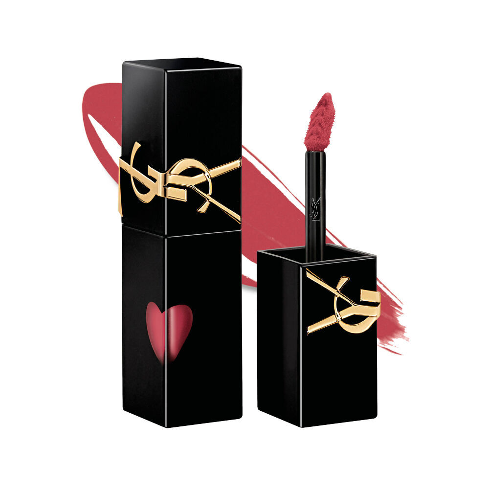 Glossy black YSL lip stain bottle next to its open cap and applicator brush, displayed in front of a shiny liquid texture swatch.