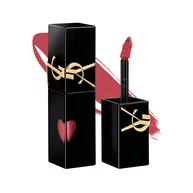 Glossy black YSL lip stain bottle next to its open cap and applicator brush, displayed in front of a shiny liquid texture swatch.