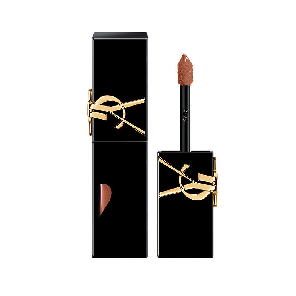 Glossy black YSL lip stain bottle next to its open cap and applicator brush, displayed in front of a shiny liquid texture swatch.