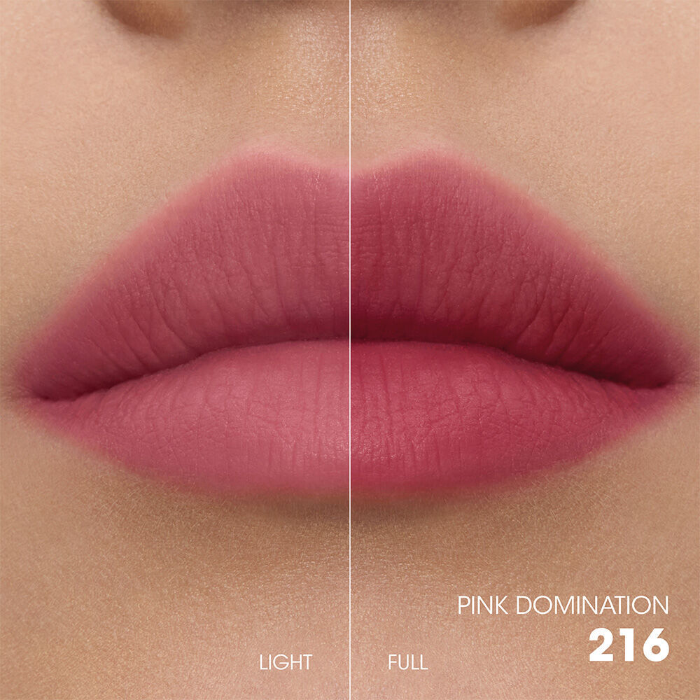Split-screen lip swatch comparison showing a soft, diffused "Light" application on the left and a bold, saturated "Full" application on the right.
