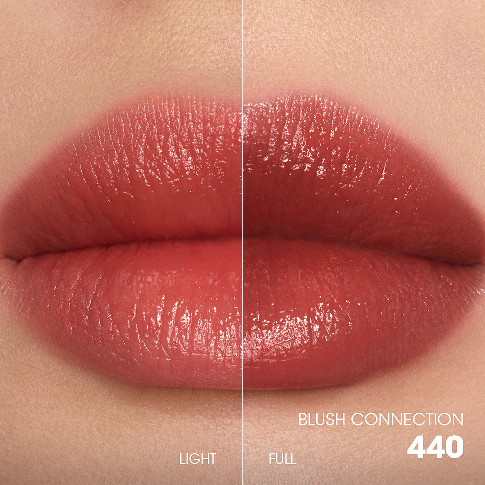 Split-screen lip swatch comparison showing a soft, diffused "Light" application on the left and a bold, saturated "Full" application on the right.