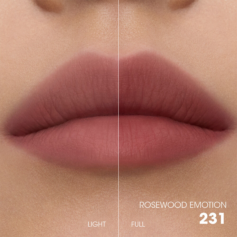 Split-screen lip swatch comparison showing a soft, diffused "Light" application on the left and a bold, saturated "Full" application on the right.