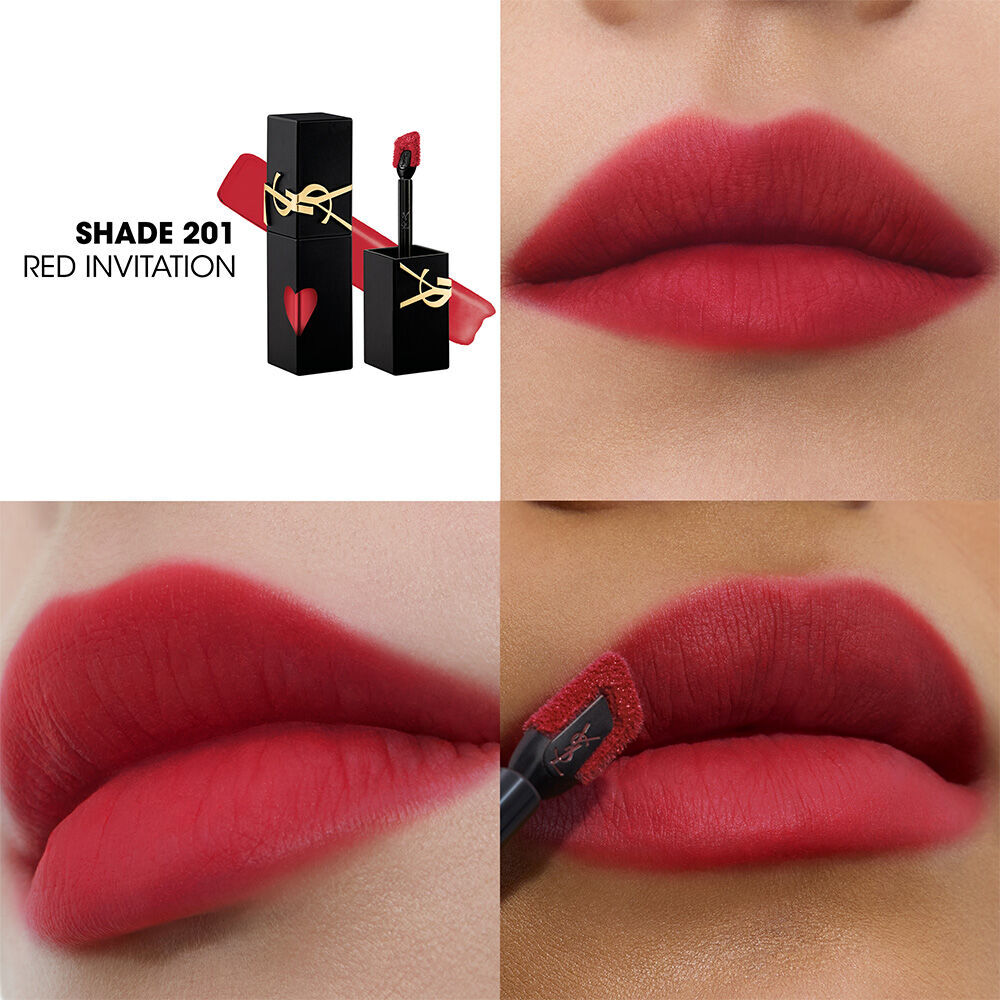 Collage showing the YSL lip stain bottle and texture swatch (top-left) alongside three close-up lip swatches on different skin tones, including one being applied with the wand.