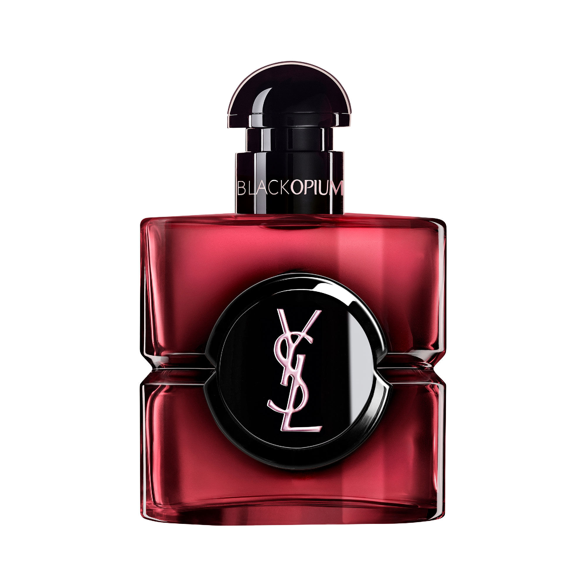 Black Opium Eau de Parfum Pink Glaze bottle in dark
                        pink lacquer with a black center and silver YSL Cassandre logo.