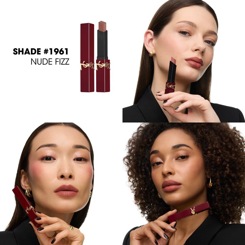 Diverse models posing with YSL The Slim Collector lipstick in nude shade #1961.